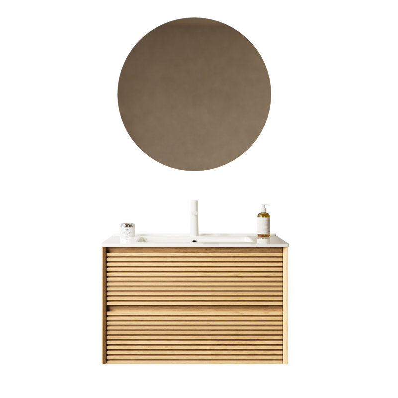 Armoire de salle de bain 30 po avec lavabo, contreplaqué, cuve en céramique blanche, chêne, rangement de tiroir, armoire de contreplaqué de meuble-lavabo pré-assemblé, mouvement