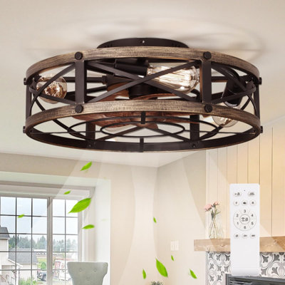 Flush Mount Caged Ceiling Fans with Lights, 6 Speeds, Rustic Low Profile Ceiling Fan with Light and Remote, Small Bladeless Ceiling Fans with Lights for Kitchen, Bedroom
