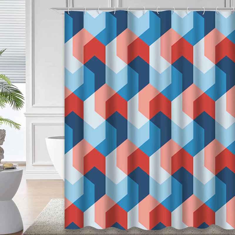 Rideau de douche géométrique bleu sans couture avec 12 crochets, L 72 po x l 84 po