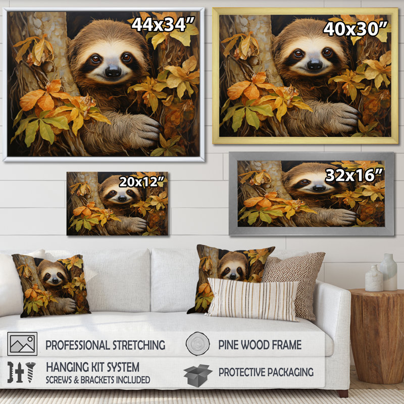 «Sloth On Branch Serenity II», reproduction sur toile, Cadre flottant doré, 24" H x 32" W