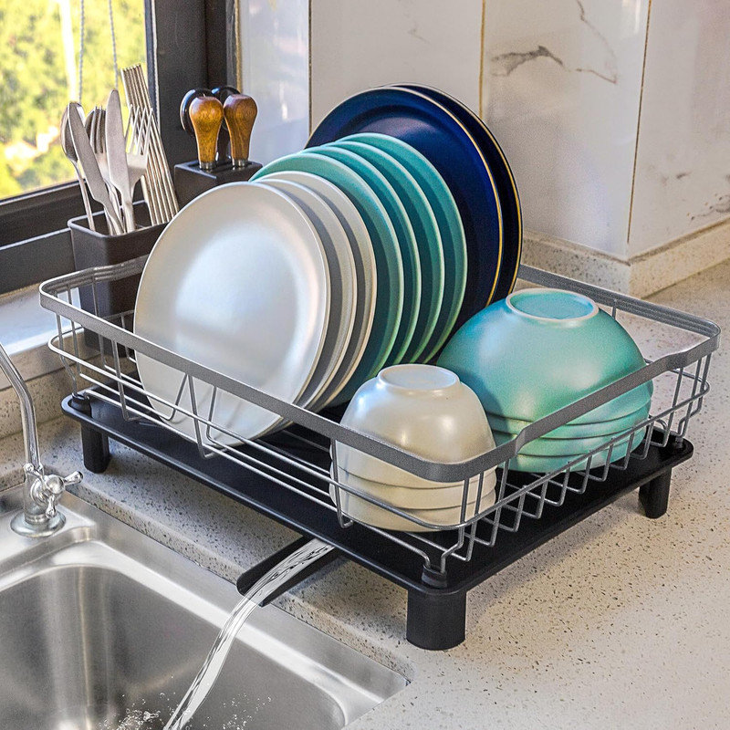 Gray Metal 2-Tier Dish Drying Rack with Utensil Holder