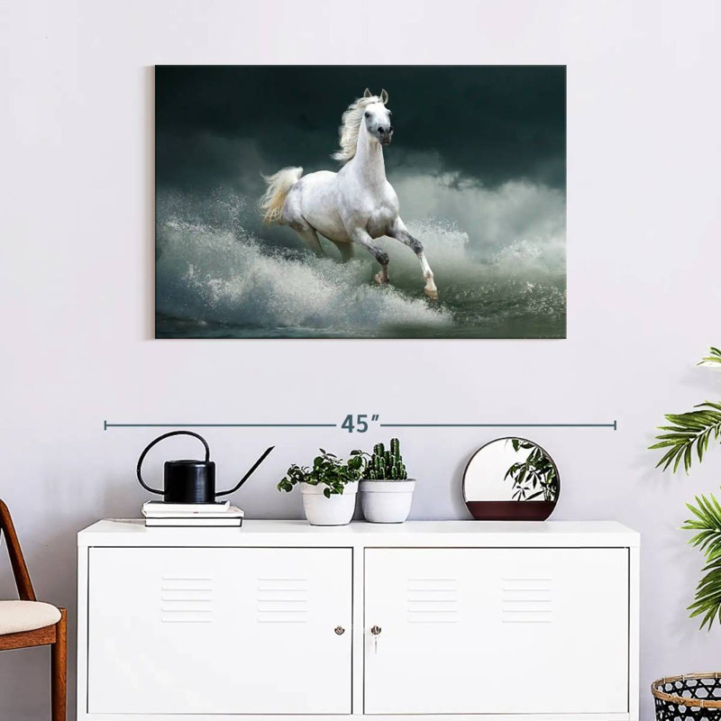 Brampt cheval qui court sauvage sur l'eau, H 24 po x l 36 po