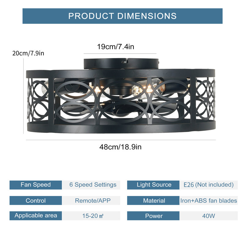 Ventilateur de plafond en cage 18,9 po avec ensemble d'éclairage et télécommande Zailey, Noir, Black