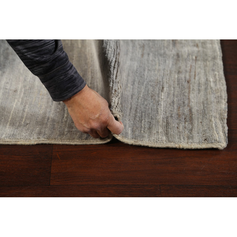 Tapis gris en laine noué à la main de conception unique 4 pi 8 po x 4 pi 10 po New Age