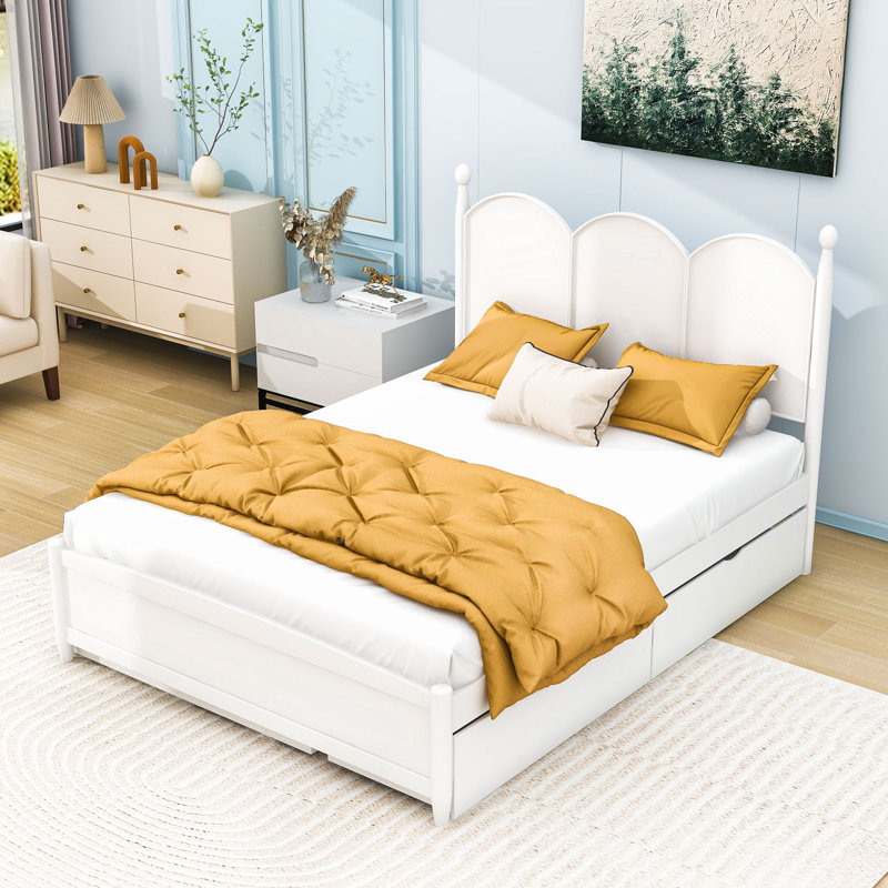 Grand lit plateforme en bois à deux tiroirs avec lit gigogne simple, Blanc