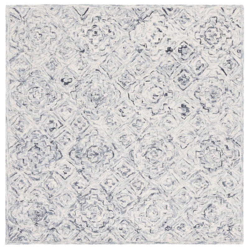 Micro-Loop Hand Tufted Wool/Cotton Geometric Rug in Gray/Beige, Square 5'