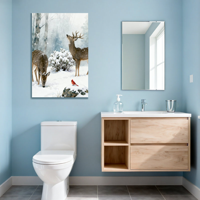 Animaux, hiver, cerf et cardinal, scène, H 18 po x l 12 po