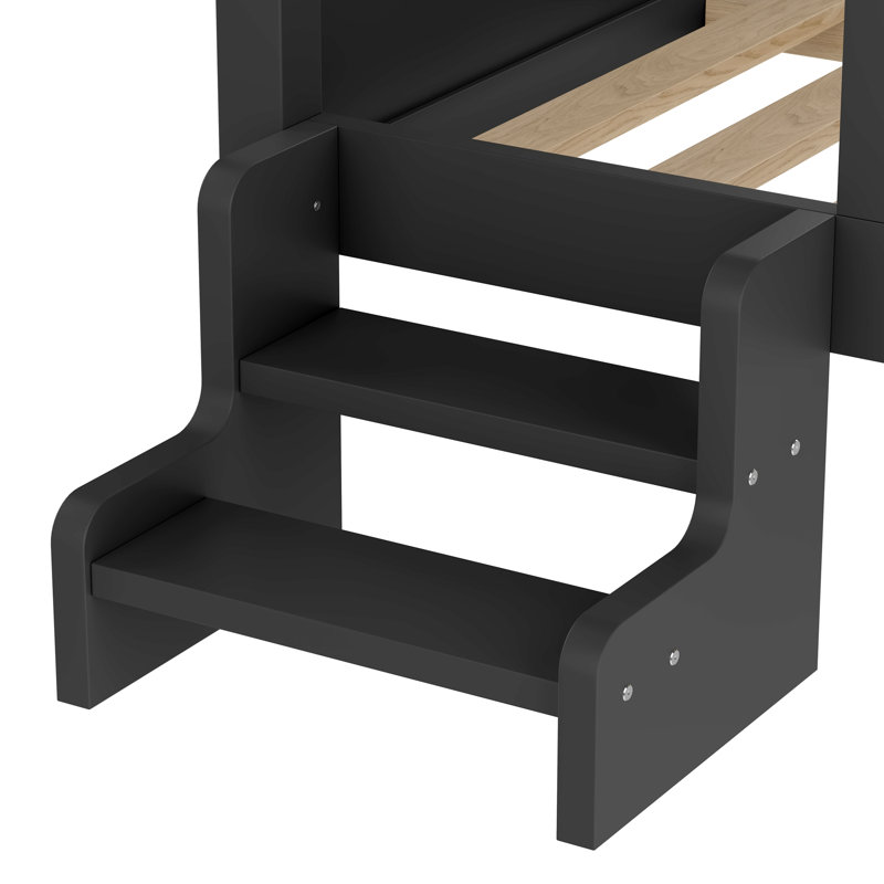 Lit double avec escalier à profil bas, fenêtre, bibliothèque et tableau noir, bois massif, aucun sommier tapissier requis, gris