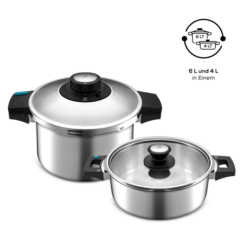 Karaca Quick and Safe 2-Piece Stainless Steel Induction Pressure Cooker Set, 4L+6L, Black Silver