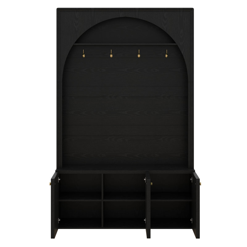 Arched Hall Tree With Storage Bench, 4 Golden Hooks, Entryway Bench With 3 Cabinets And Adjustable Shelves, Black