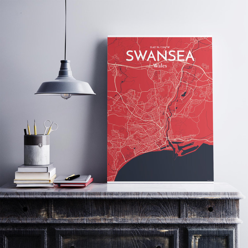 Swansea City Map, impression, Rouge / Bleu marine, H 27,6 po x l 19,7 po