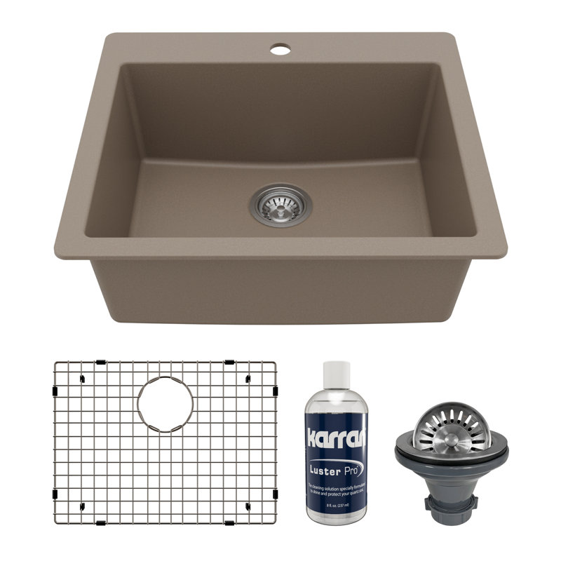 Karran Quartz 25'' X 22'' Single Bowl Drop-in Kitchen Sink Kit, Concrete
