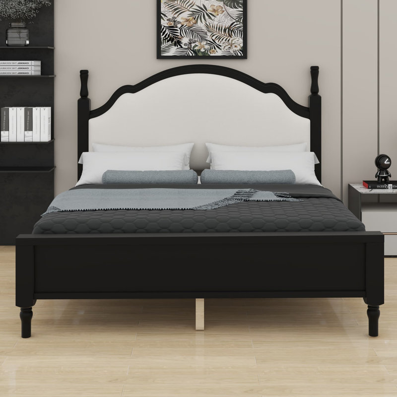 Base de lit plateforme classique en bois avec tête de lit tapissier luxueuse, Structure noire + tissu beige