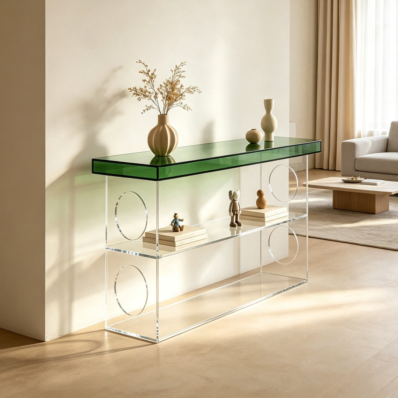 Console moderne à tablette ouverte en acrylique, H 29,53 po x l 47,24 po x P 11,81 po