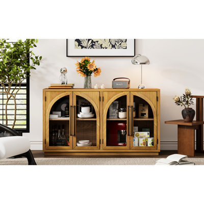 Grand buffet de rangement arqué à 4 portes avec portes en verre, hauteur de tablette réglable, bois naturel, style rétro, placage de chêne, structure en bois d'hévéa, poignées en métal, gestion des câbles, serrure magnétique pour porte