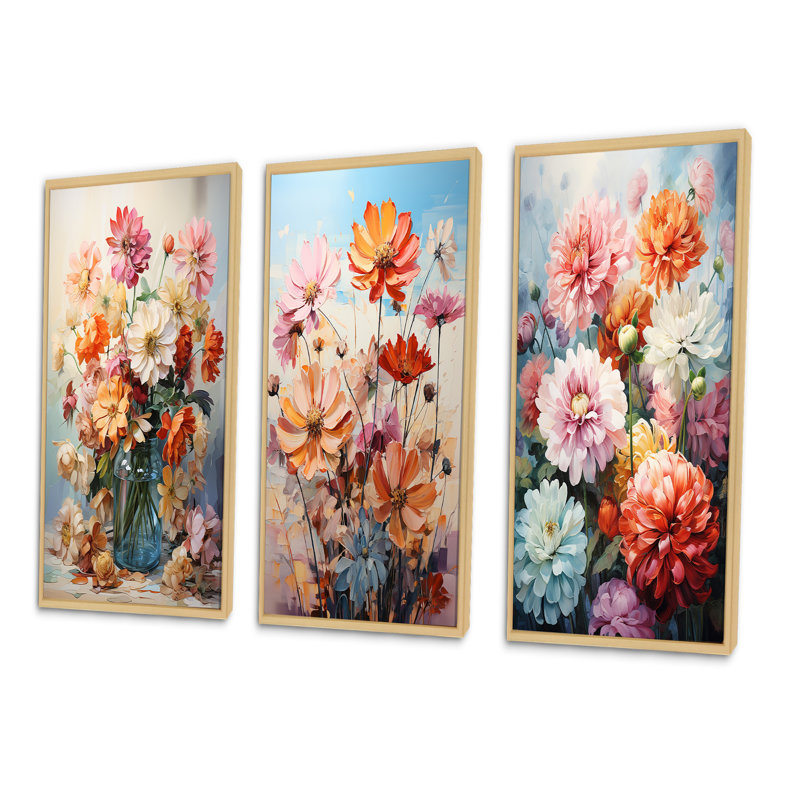 «Colorful Zinnias Romantic Impression», 3 pièces sur toile, H 32 po x l 48 po, Cadre naturel flottant
