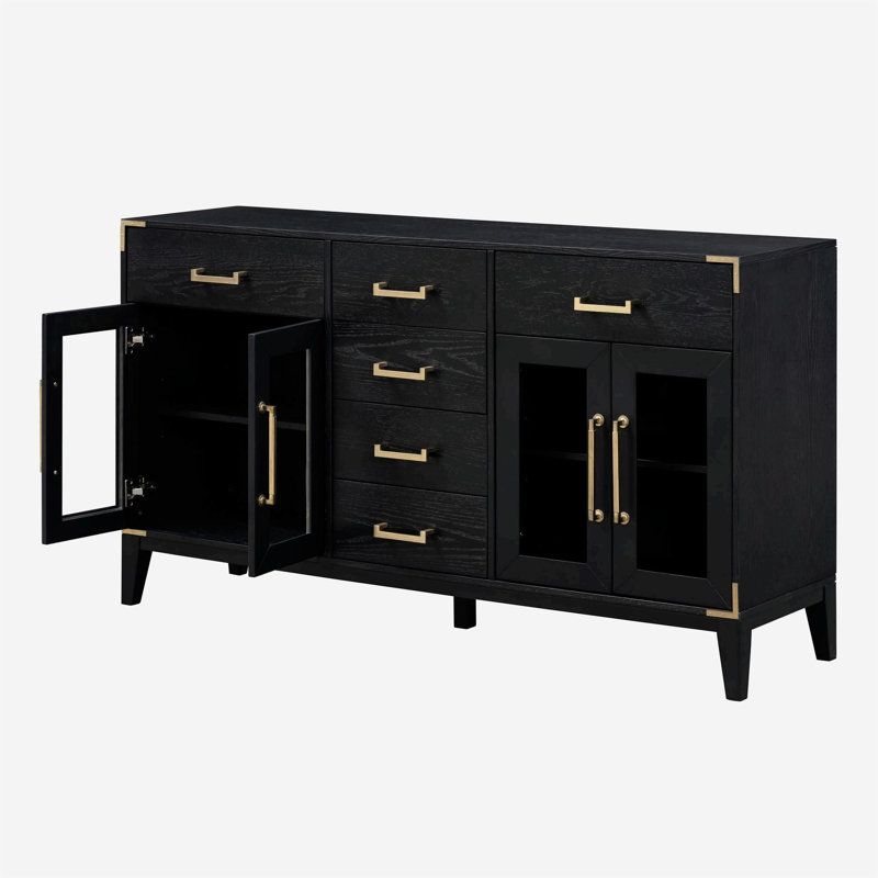 Buffet avec table en bois d'hévéa Mankato, Noir, noir, noir, noir