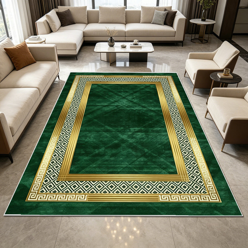 1PC emerald green gold vintage greek key geometric frame pattern area rugs, Soft and Comfortable, easy-to-maintain, machine washable Indoor floor mat, suitable for living room, bedroom, dining room, hallway, entryway, study room, home office, patio,