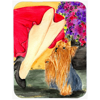 East Urban Home Lady with Her Yorkie Glass Cutting Board