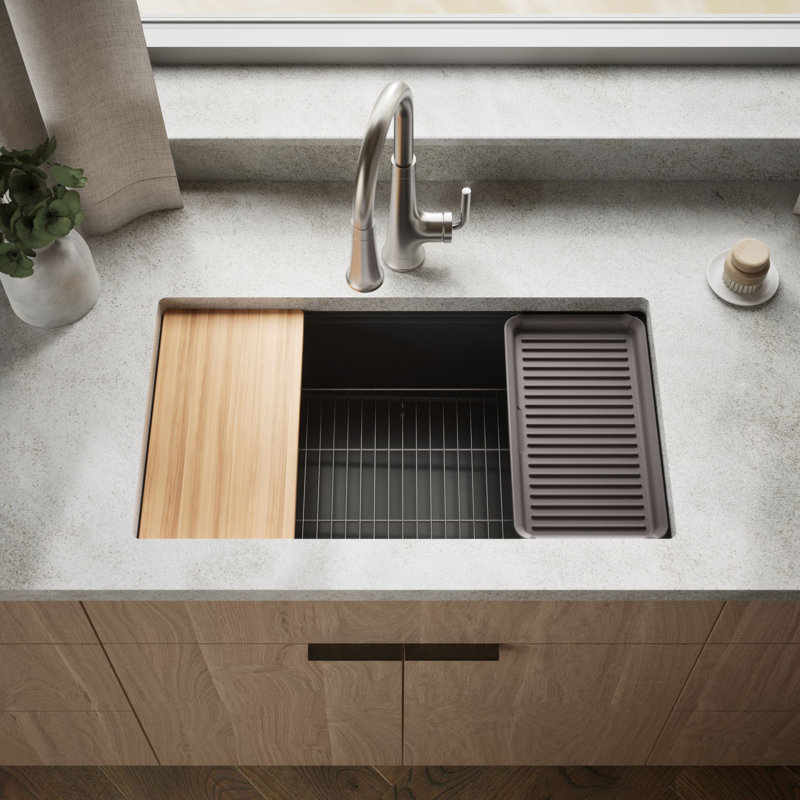 Billings 32 1/2 po Évier de cuisine encastré à simple cuve avec station de travail, Gris foncé