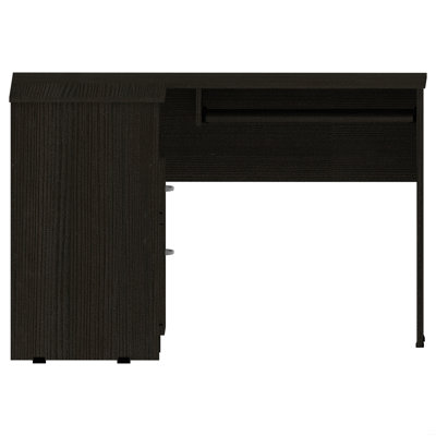 Bureau mixte en forme de L, plateau à clavier, deux tiroirs, tablette ouverte simple