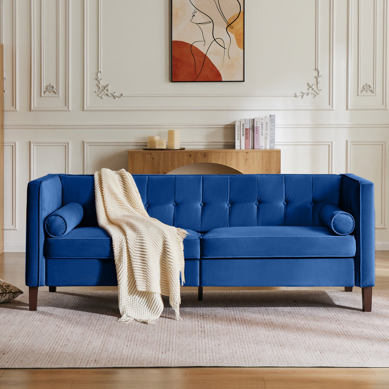 Canapé capitonné Chelsea, Velours bleu, Structure en fer