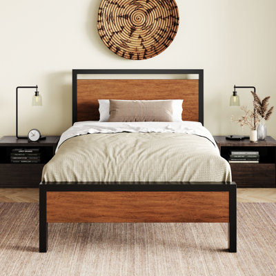 Minas Classical Metal Platform Bed Frame with Wood Headboard and Footboard