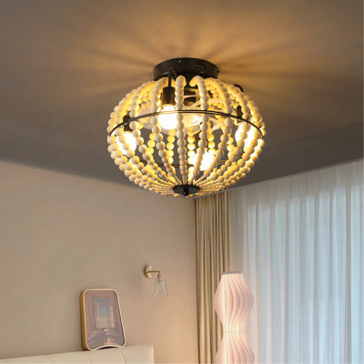 18" Bohemian Wood Beaded Ceiling Fan with Light, Flush Mount Caged Ceiling Fan, Rustic Farmhouse Low Profile Fan Light Fixture for Indoor Home Decor (silent/6-Speed/reversible/dc Motor) (Bulbs Not Included)