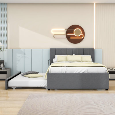 Wood Upholstered Platform Bed with Trundle and Headboard
