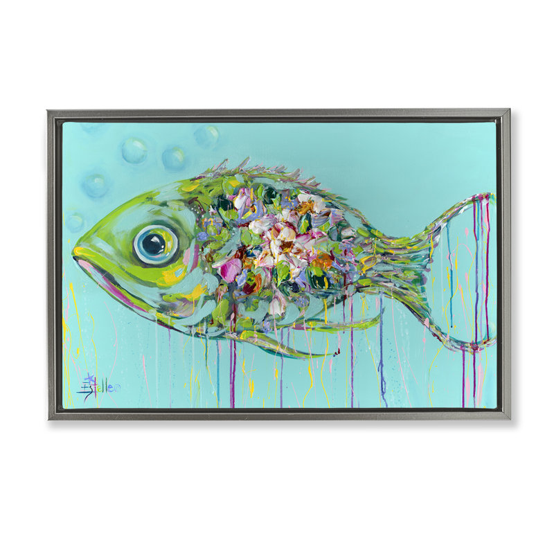  «Painterly Drip Fish» par Estelle Grengs, Cadre flottant gris lustré, H 17 po x l 25 po