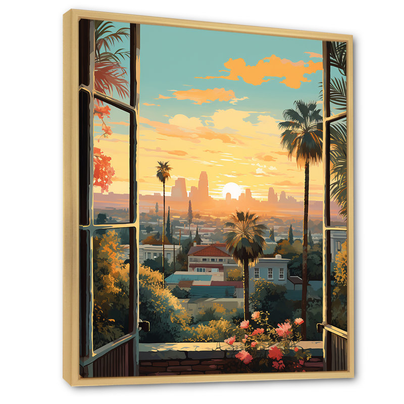 «Vintage Los Angeles Windows View 3 - Floral Window», art mural rétro, Cadre flottant brun, H 32 po x l 16 po x P 1 po