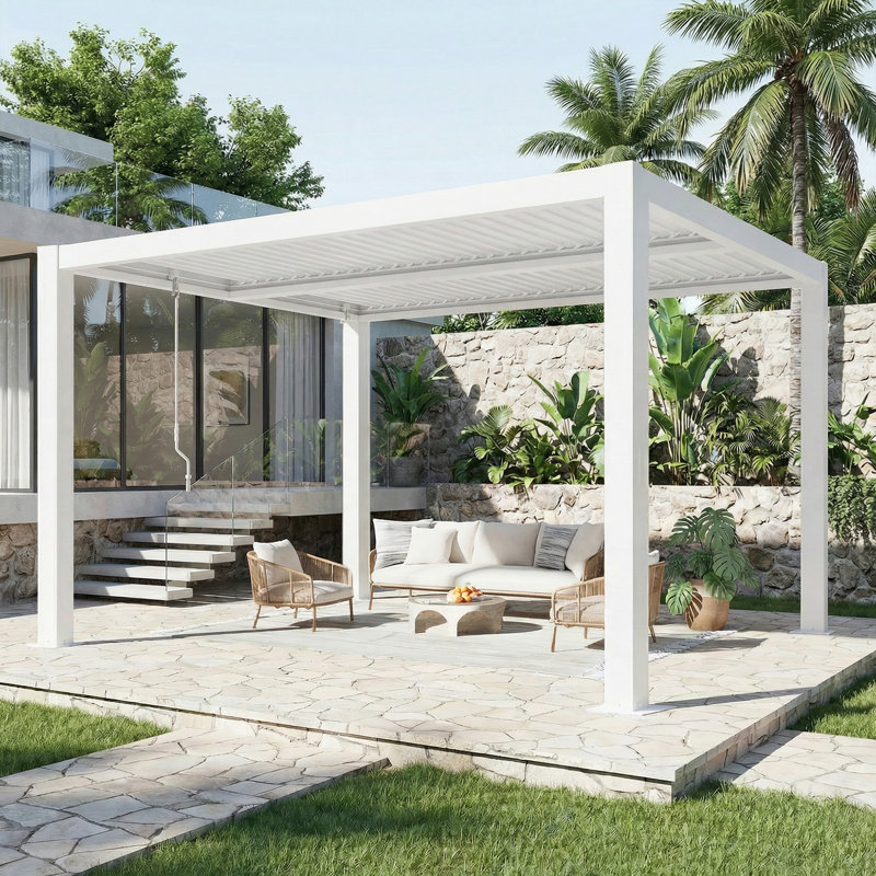 Erommy 10' x 12' Outdoor Pergola with Adjustable Louvered Roof & Integrated Drainage, Heavy-Duty Metal Louvered Pergola for Patios, White