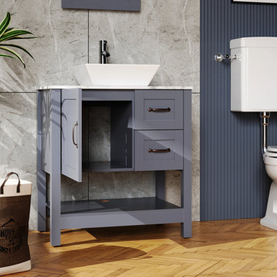 Meuble-lavabo de 30 po avec dessus en marbre résistant à l'huile - goutte et fissure, revêtement en feuille spéciale, robinet d'évier gris à valeur compétitive et égratignure de drain, convient à toutes les salles de bain