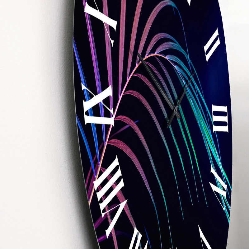 Abstrait feuille tropicale en rose et bleu sur fond noir - horloge murale tropicale, Grand