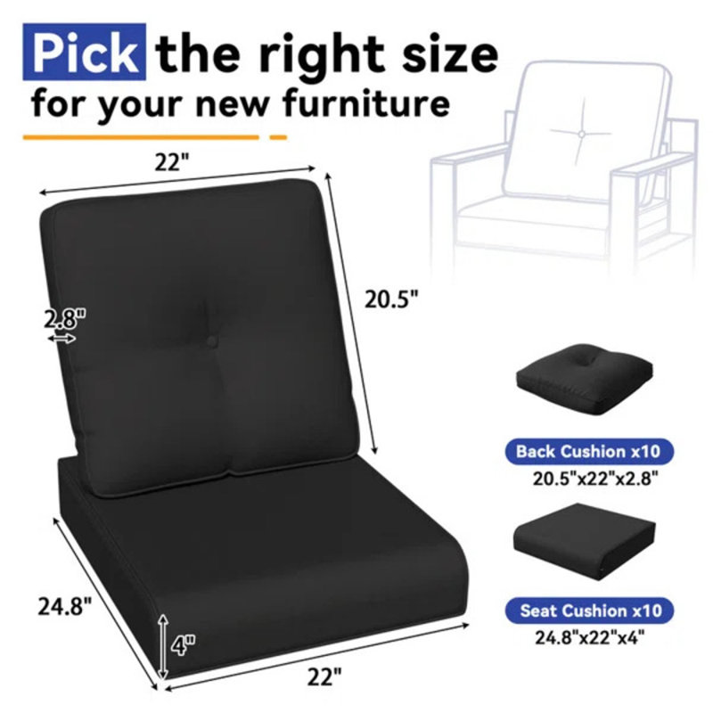 Durable 4" Olefin Seat Cushions, Black, 10