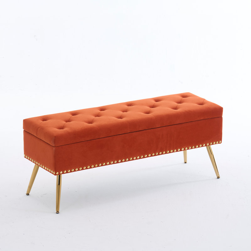 Banc repose-pieds en velours avec rangement, Orange, H 18 po x l 46 po x P 15,5 po