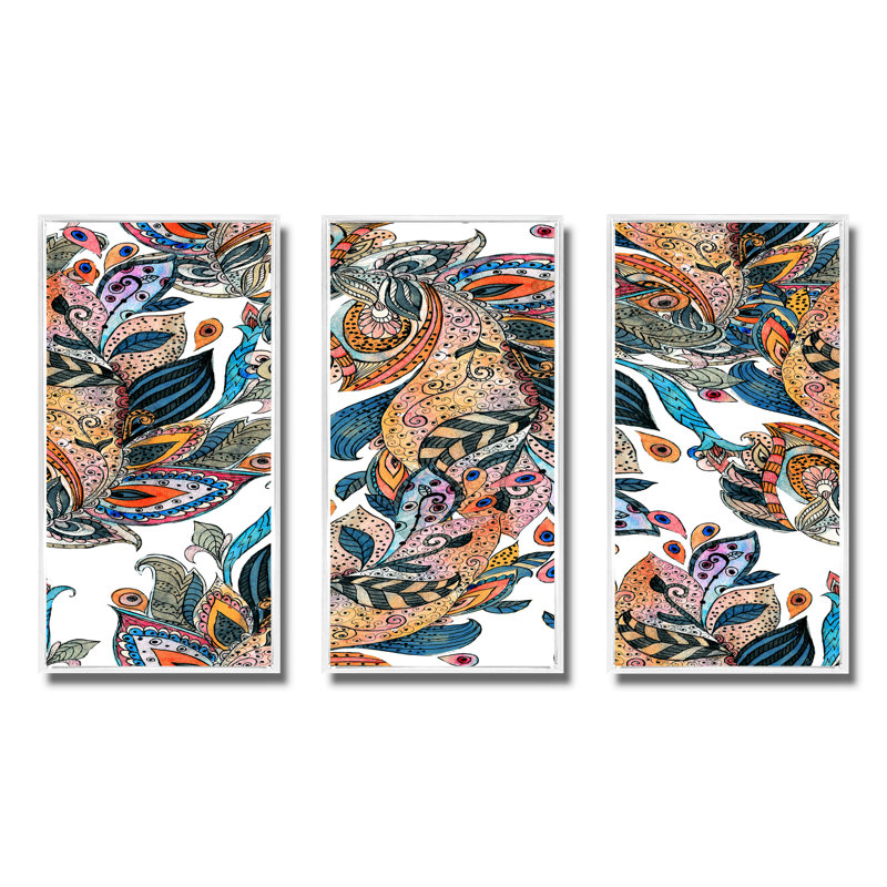 Boho Lucious Floras en orange et vert - ensemble d'art mural moderne sur toile encadrée 3, H 28 po x l 36 po x P 1 po, Blanc