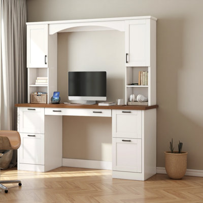 Bureau d'ordinateur de style champêtre avec tablette, poste de travail de style milieu du siècle avec station de charge et plateau pour clavier, bureau tout-en-un avec tiroir à dossiers suspendus