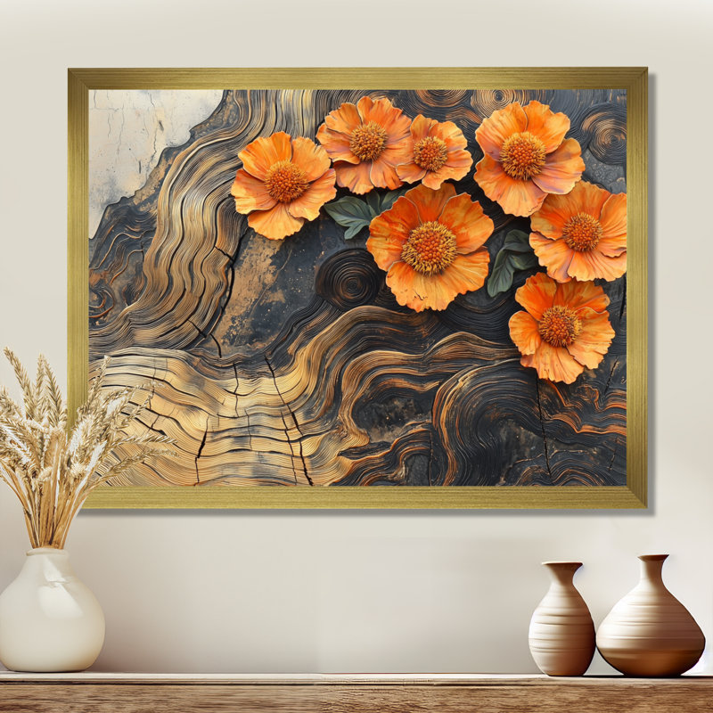 Ihno Autumn Marigold Flowers On Wood Slide I - Art mural souci, Reproduction encadrée d'une seule photo, H 12 po x l 20 po