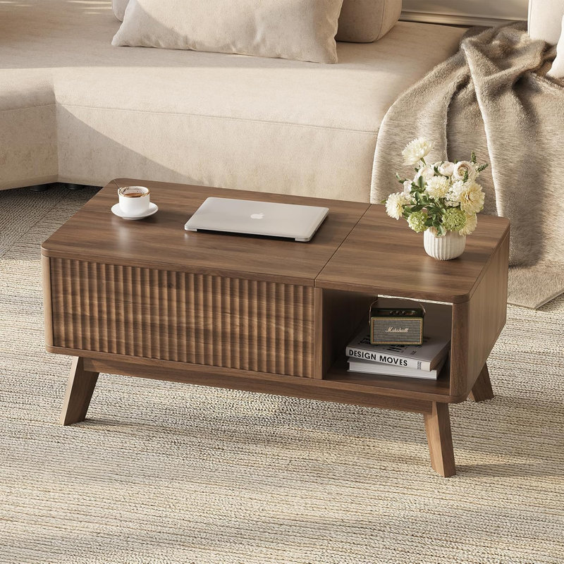Table basse à plateau relevable Donati avec compartiment caché et tablette ouverte, Noyer