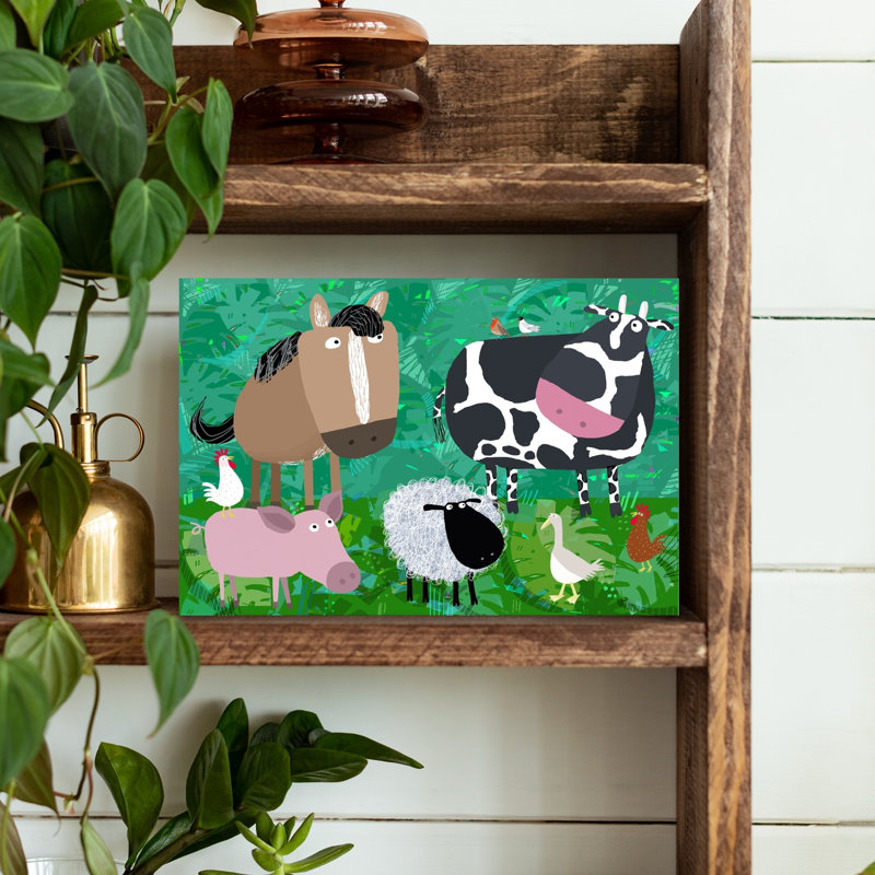 Happy Farm Friends Abstract Contemporary Bird Cow Goose Landscape Nature Wall Art Print by Carla Daly - Wrapped Canvas Print