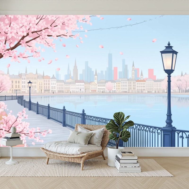 Papier peint adhésif auto-adhésif moderne pour la chambre à coucher Cherry Blossom Pier City Skyline Pastel