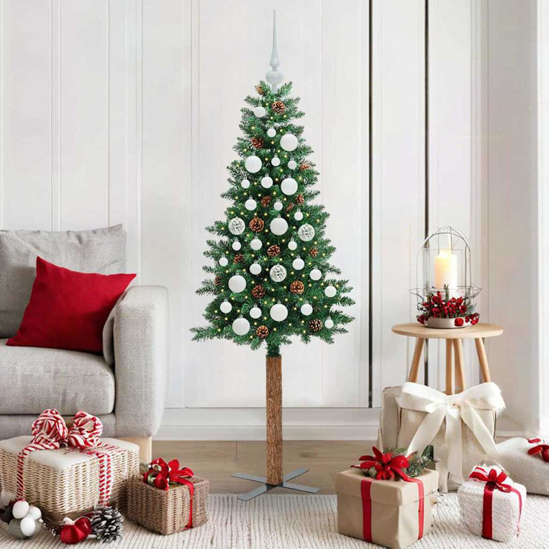 Slim Christmas Tree PVC and Solid Pine wood, White, 4.92' H