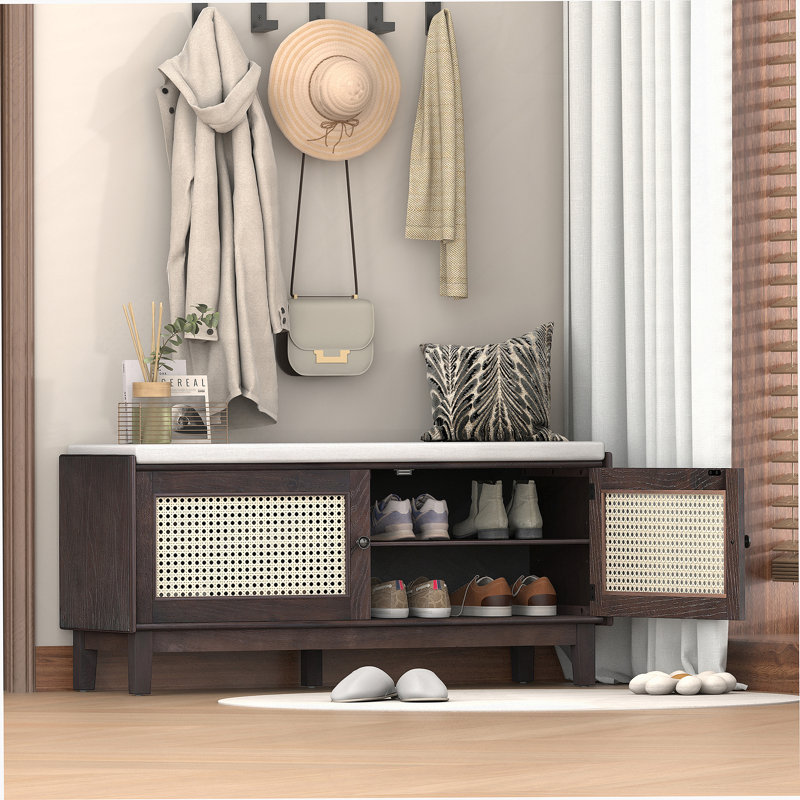 Banc d'entrée en rotin avec rangement Boho, Beige/Espresso