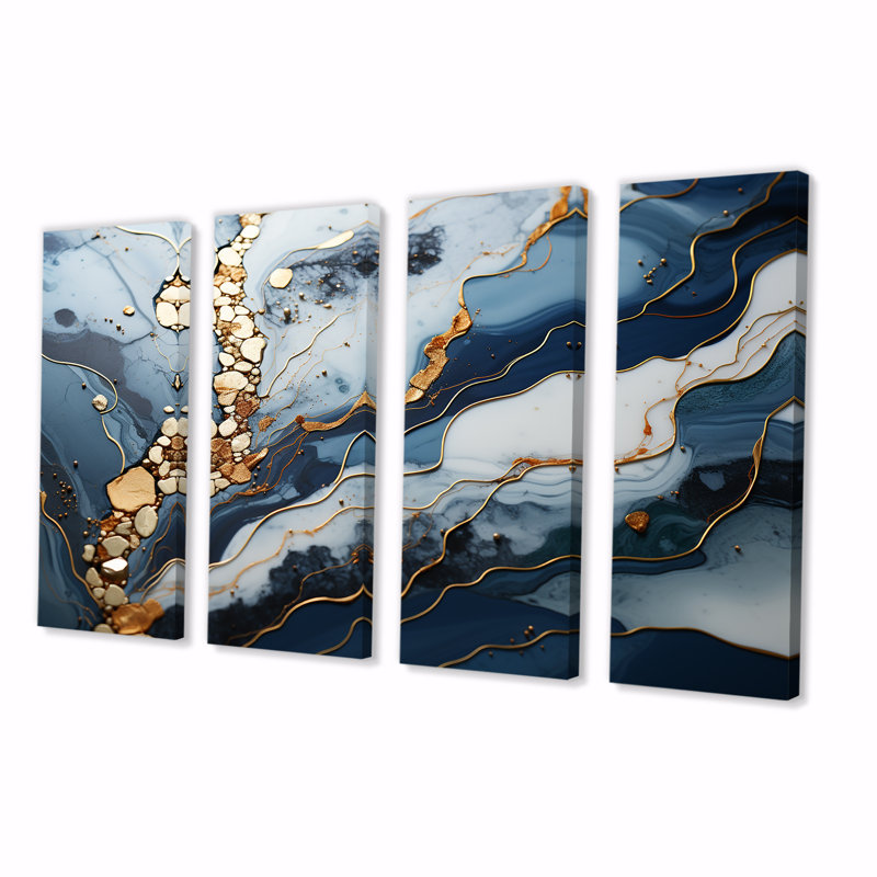 «Blue and Gold Marble River II - Abstract Marble», art mural 4 pièces, H 28 po x l 48 po