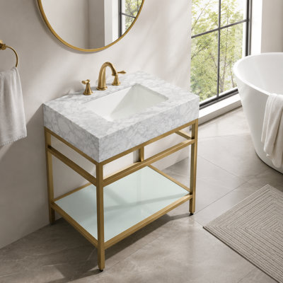 30" Single Bathroom Vanity with Carrara Marble Top, Ceramic Sink,Metal Frame and Glass Shelf