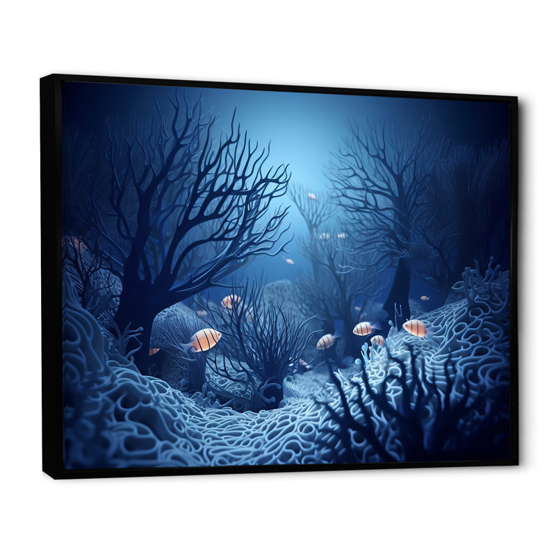 Art sous-marin bleu et noir sous-marin, H 34 po x l 44 po x P 1,5 po, Cadre flottant noir