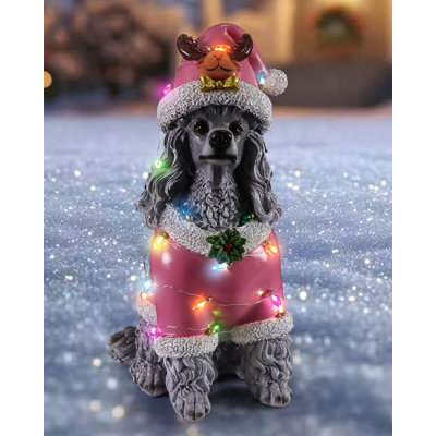 Christmas Poodle Dog Statue Holiday Decoration with Removable LED Light String, Resin Santa Outfit Puppy Figurine for Indoor Outdoor Yard, Patio, Porch, Lawn, Garden, Home Décor Gift