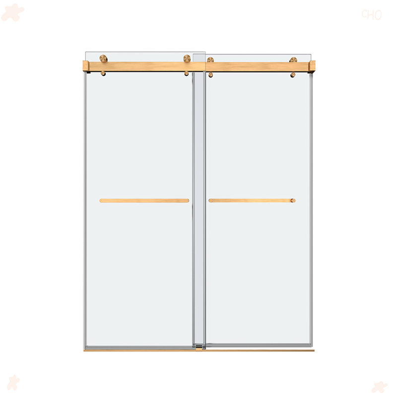 Porte de douche coulissante double sans cadre de 68 à 72 po x H 76 po avec verre transparent de 3/8 po (10 mm), Doré
