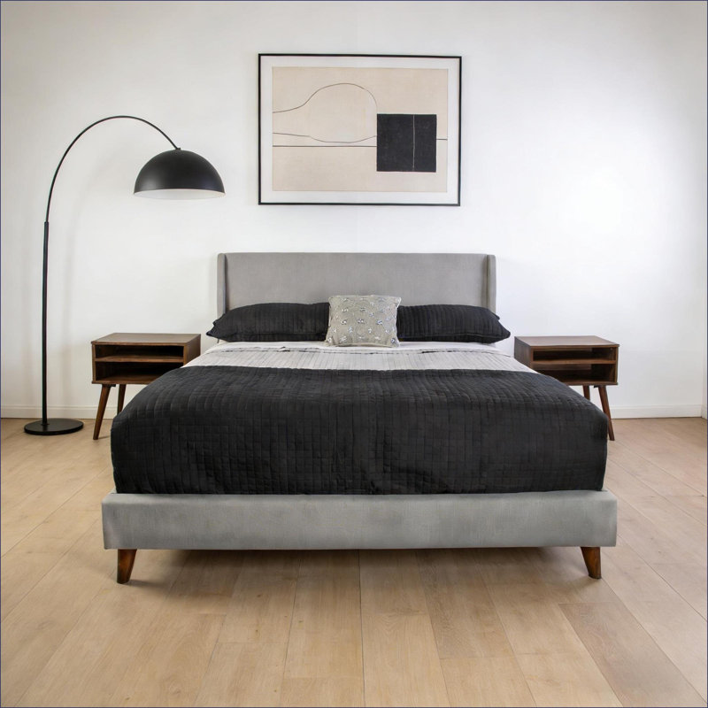 Ensemble de chambre à coucher | Grand lit tapissier moderne 2 tables de chevet, gris ardoise, noyer clair | Chambre principale / d'invité | Rembourré | Lits standard